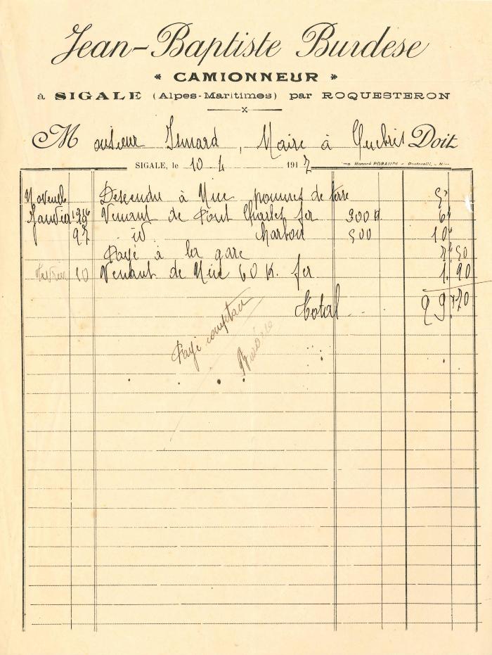 [Facture de Jean-Baptiste Burdese (camionneur) pour le transport de marchandises pour le compte de Monsieur Isnard (Eloi), taillandier à Cuébris]