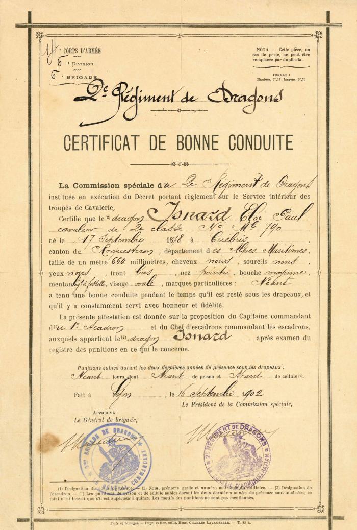 [certificat de bonne conduite, 2ème régiment des dragons]