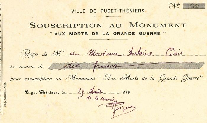 Ville de Puget-Théniers. Souscription au Monument " Aux Morts de la Grande Guerre", 29 août 1919.