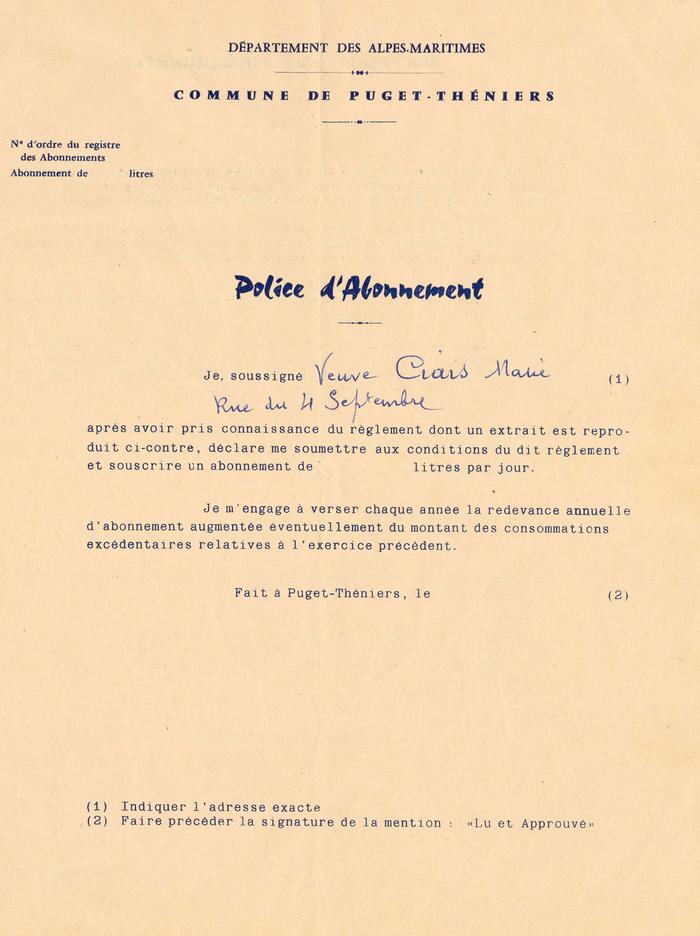 Police d'Abonnement (règlement des eaux et abonnement)