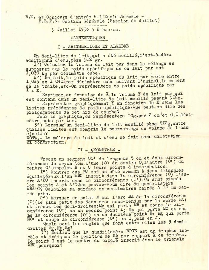 B.E et concours d'entrée à l'Ecole Normale. B.E.P.S. Section Générale (Session de juillet) - Mathématiques 5 juillet 1938
