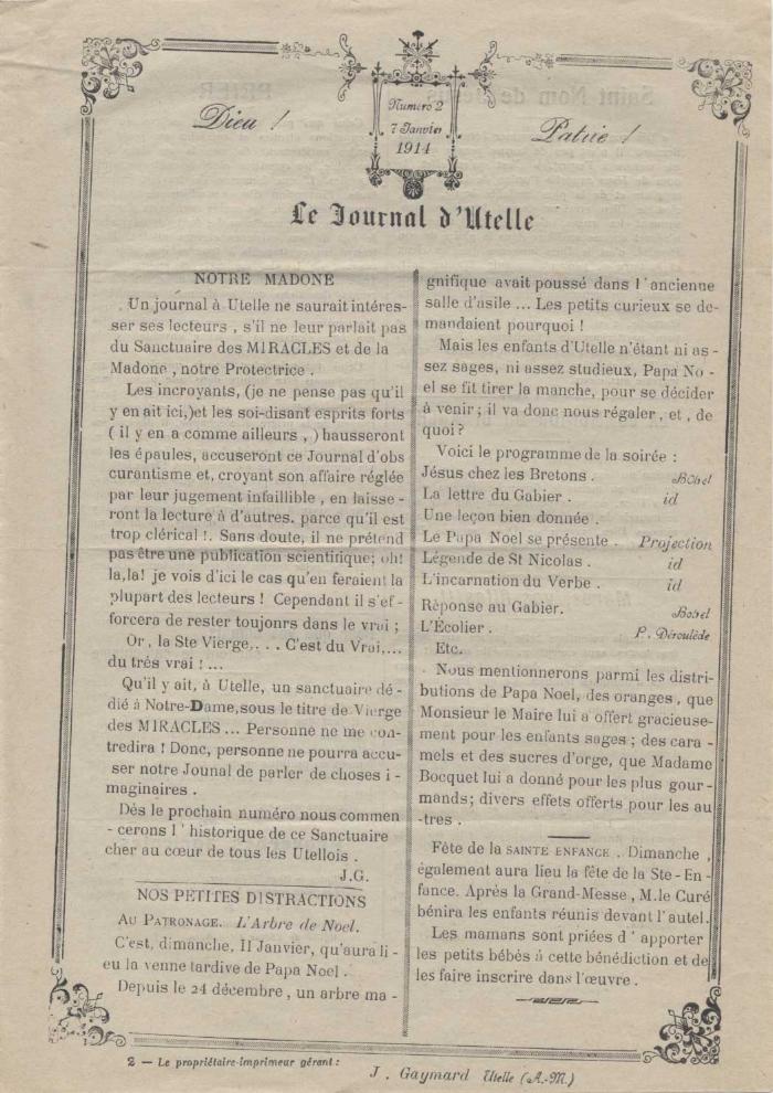 Le journal d'Utelle n°2, 7 janvier 1914