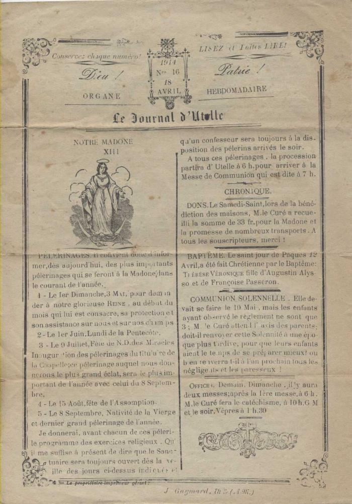 Le journal d'Utelle n°16, 18 Avril 1914.