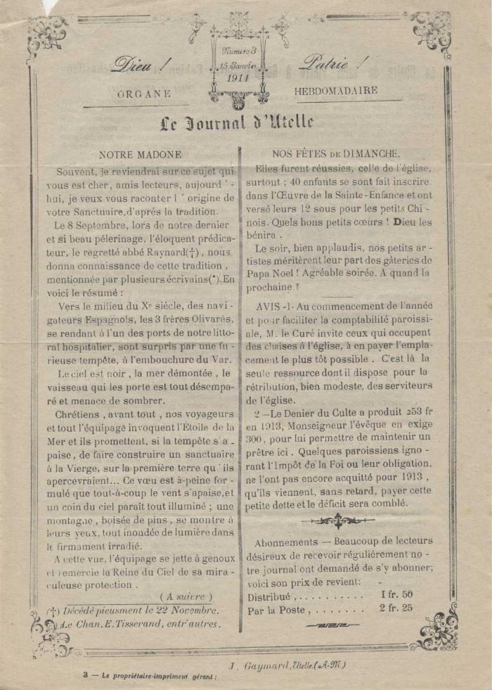 Le journal d'Utelle n°3, 15 janvier 1914.