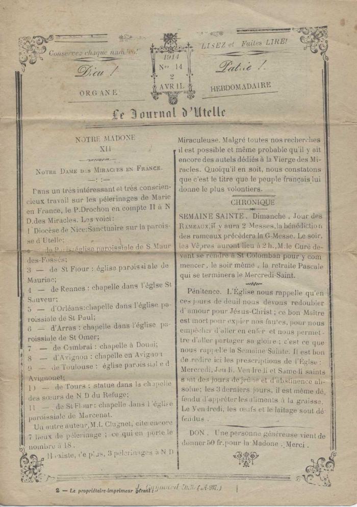 Le journal d'Utelle n°14, 2 Avril 1914.