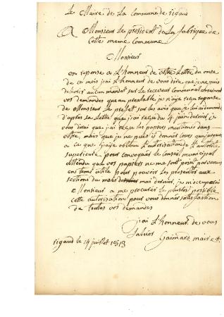 Le maire de la commune de Rigaud à monsieur le président de la fabrique de cette même commune