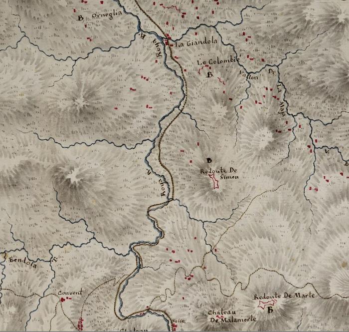 Carta di una parte delle Montagne del Contado di Nizza cioè dal Monte denominato Forqiun sino a quello chiamato Toeisc nelle vicinanze di Saorgio, nella quale sono indicate le posizioni delle Armate Francesi e di quelle di S.M. il Re di Sardegna e l'attacco dato dai primi li 12 giugno 1793. Fu fatta questa Carta sul luogo del luogo dal Capitano Luogotenente d'Artiglieria Raviquio nell'anno 1794. Senza Scala. ASTO